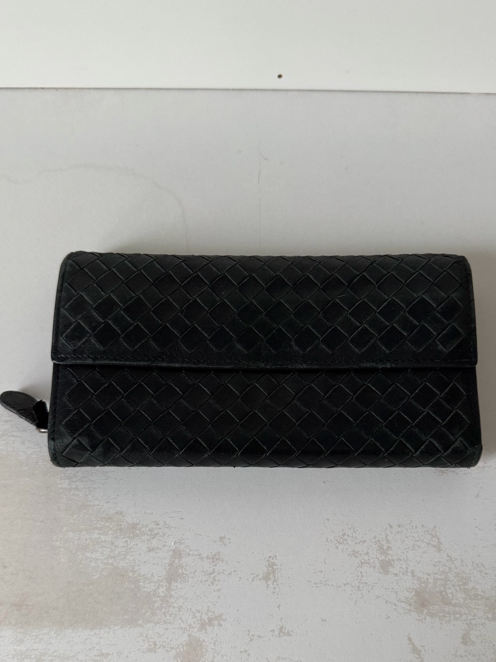 Bottega Veneta Black Leather Intrecciato Long Flap Wallet